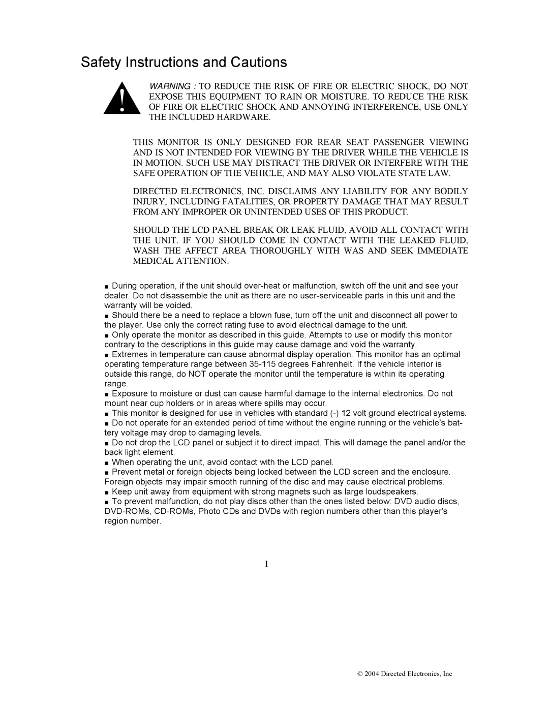 Directed Electronics OHD1502 manual Safety Instructions and Cautions 