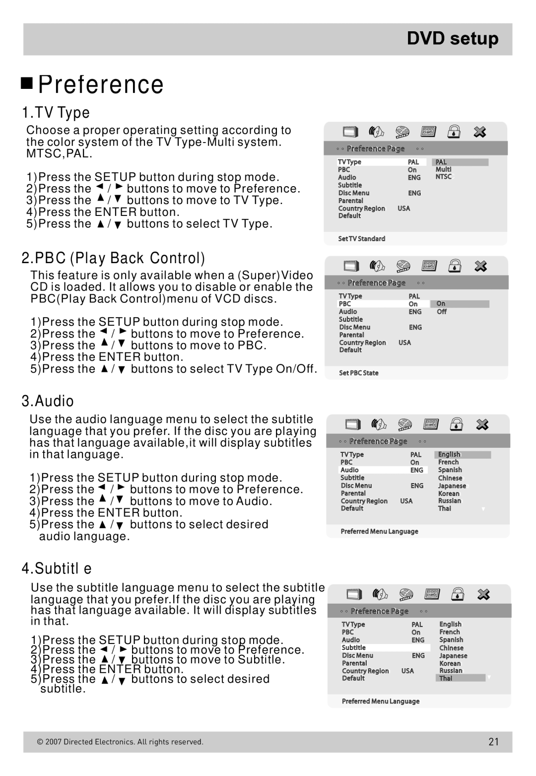 Directed Electronics OHD800B owner manual Preference, TV Type, PBC Play Back Control, Audio, Subtitle 