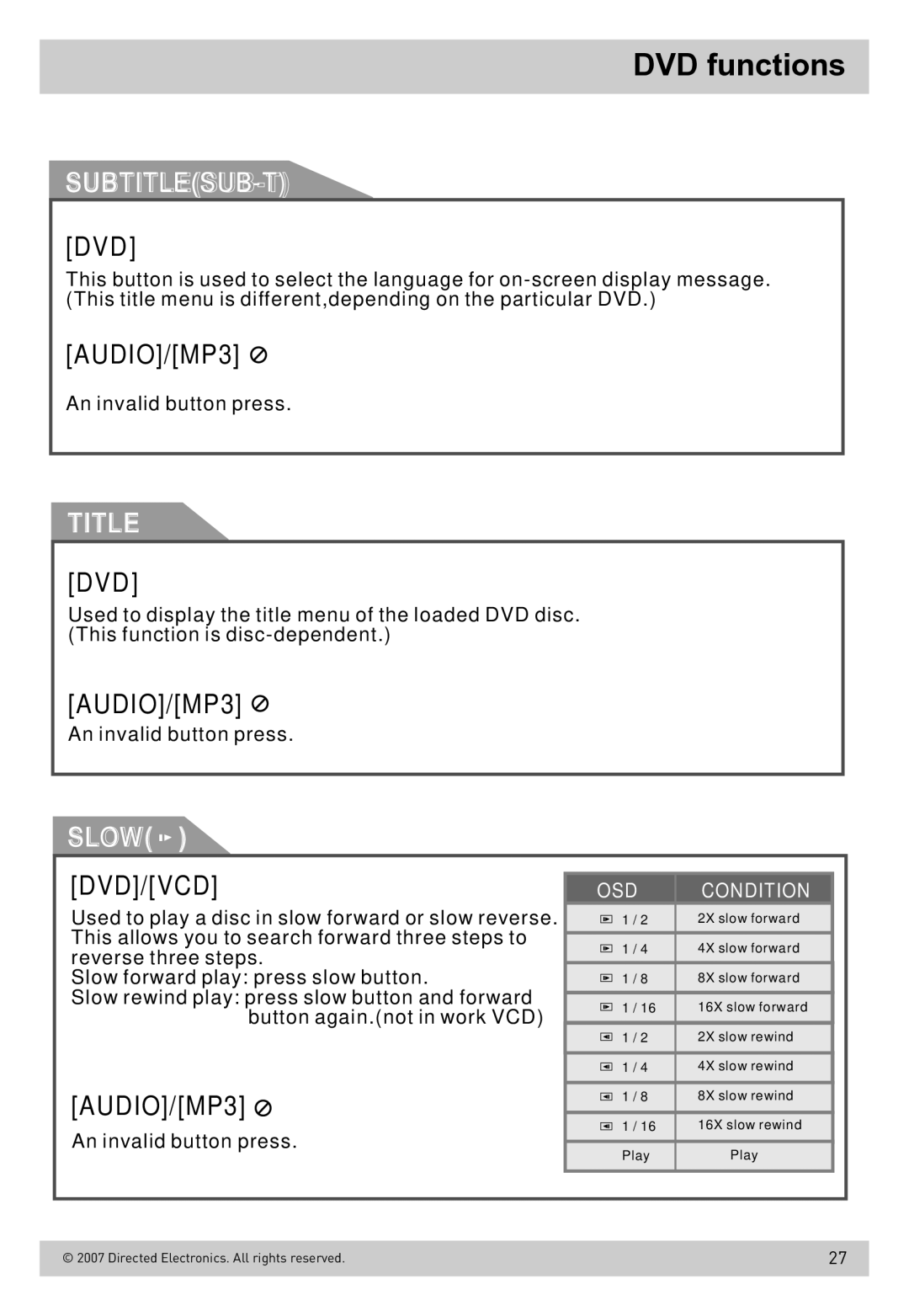 Directed Electronics OHD800B owner manual AUDIO/MP3, Dvd/Vcd 