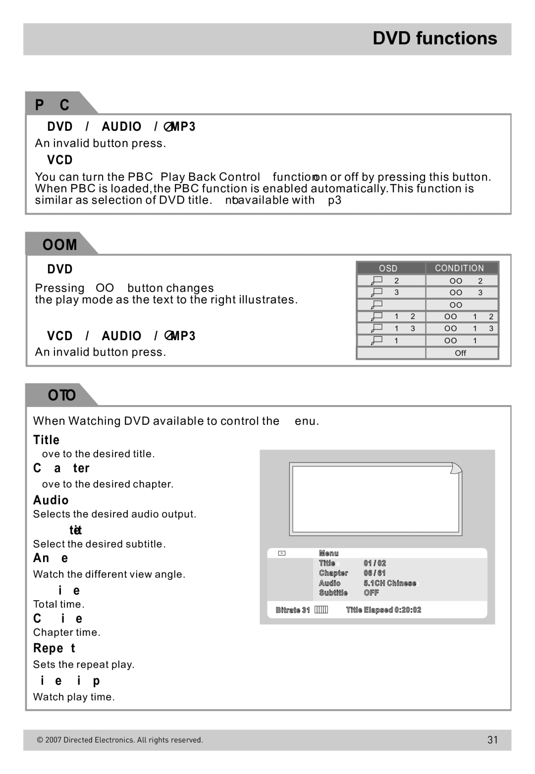 Directed Electronics OHD800B owner manual DVD functions 