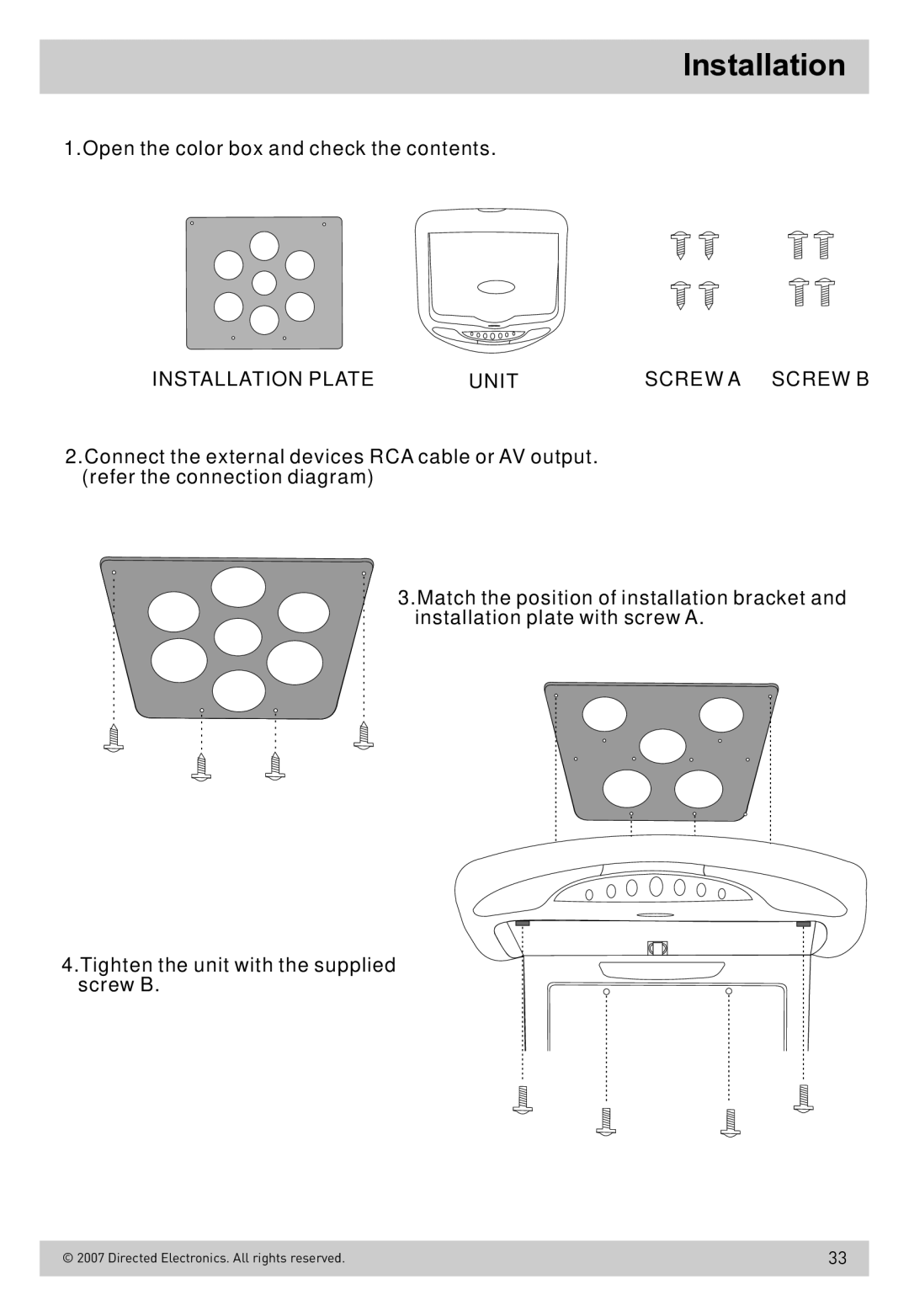 Directed Electronics OHD800B owner manual Installation Plate Unitscrew a Screw B 