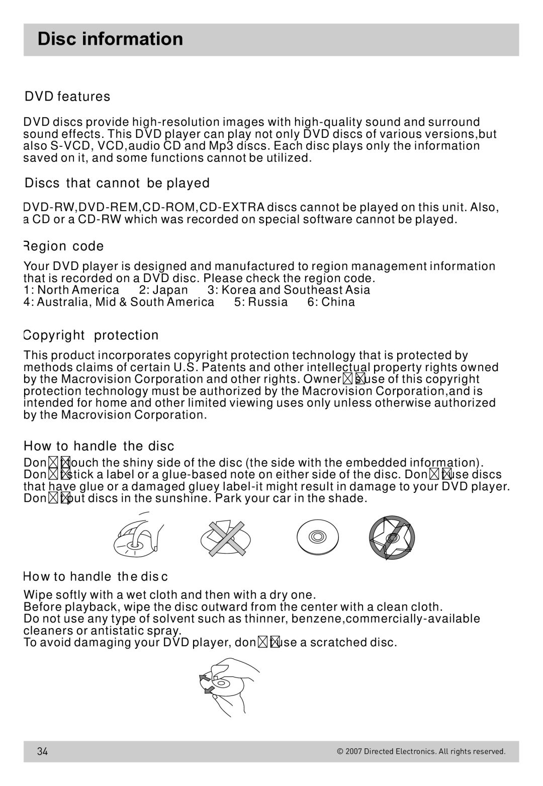 Directed Electronics OHD800B owner manual Disc information, DVD features 