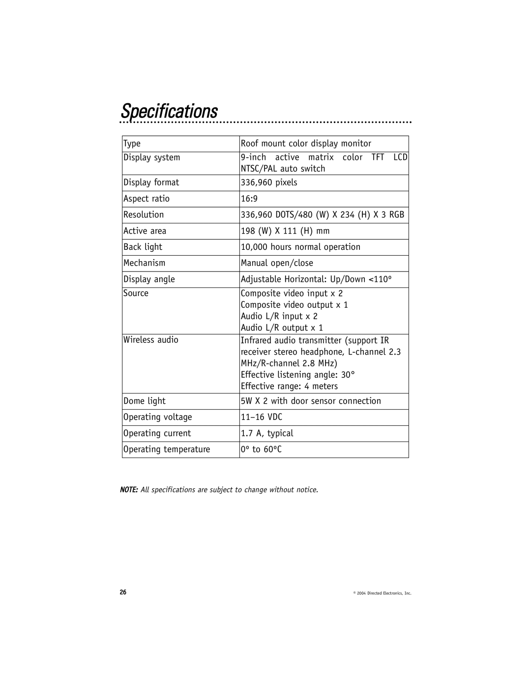 Directed Electronics OHD900 manual Specifications 