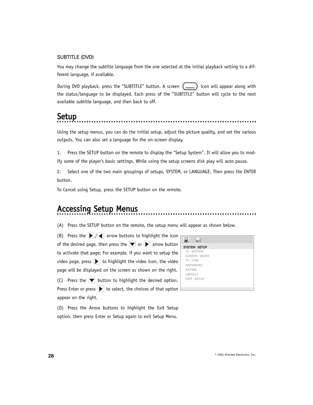 Directed Electronics OHD901 manual Accessing Setup Menus, Subtitle DVD 