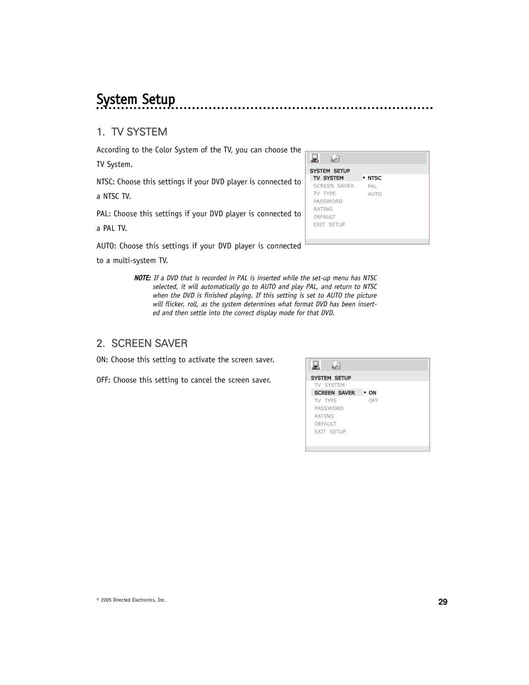 Directed Electronics OHD901 manual System Setup, TV System, Screen Saver 