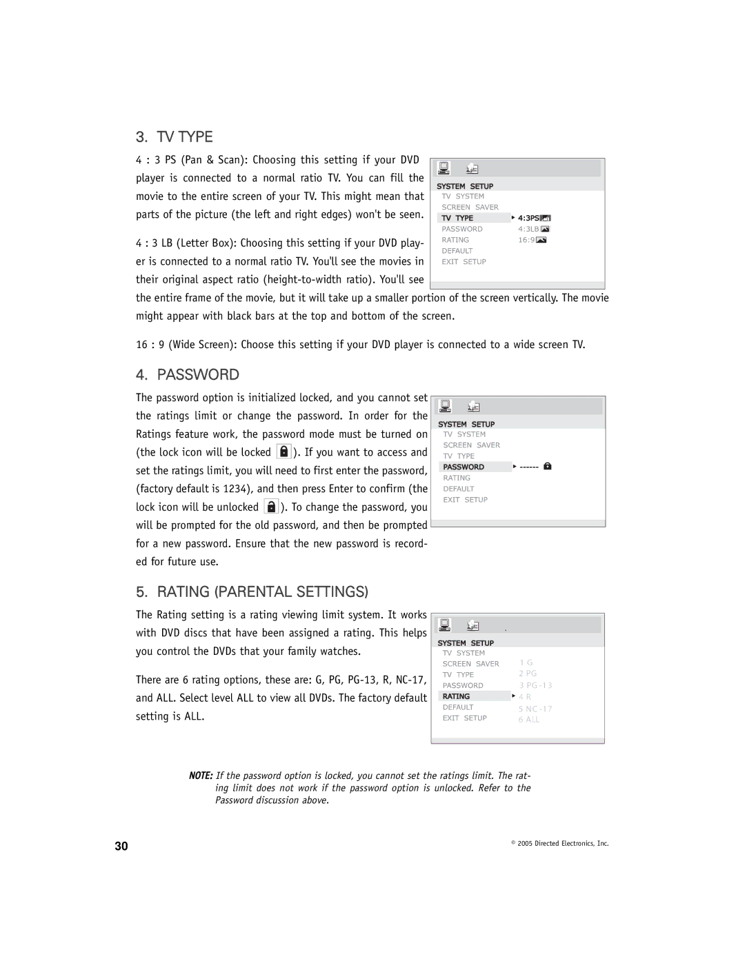 Directed Electronics OHD901 manual TV Type, Password, Rating Parental Settings 