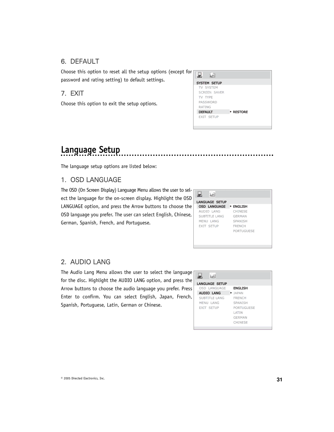 Directed Electronics OHD901 manual Language Setup, Default, Exit, OSD Language, Audio Lang 