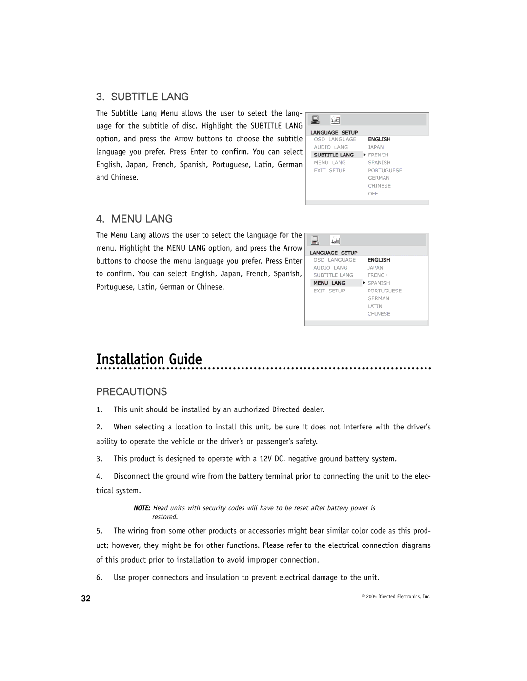 Directed Electronics OHD901A manual Installation Guide, Subtitle Lang, Menu Lang 