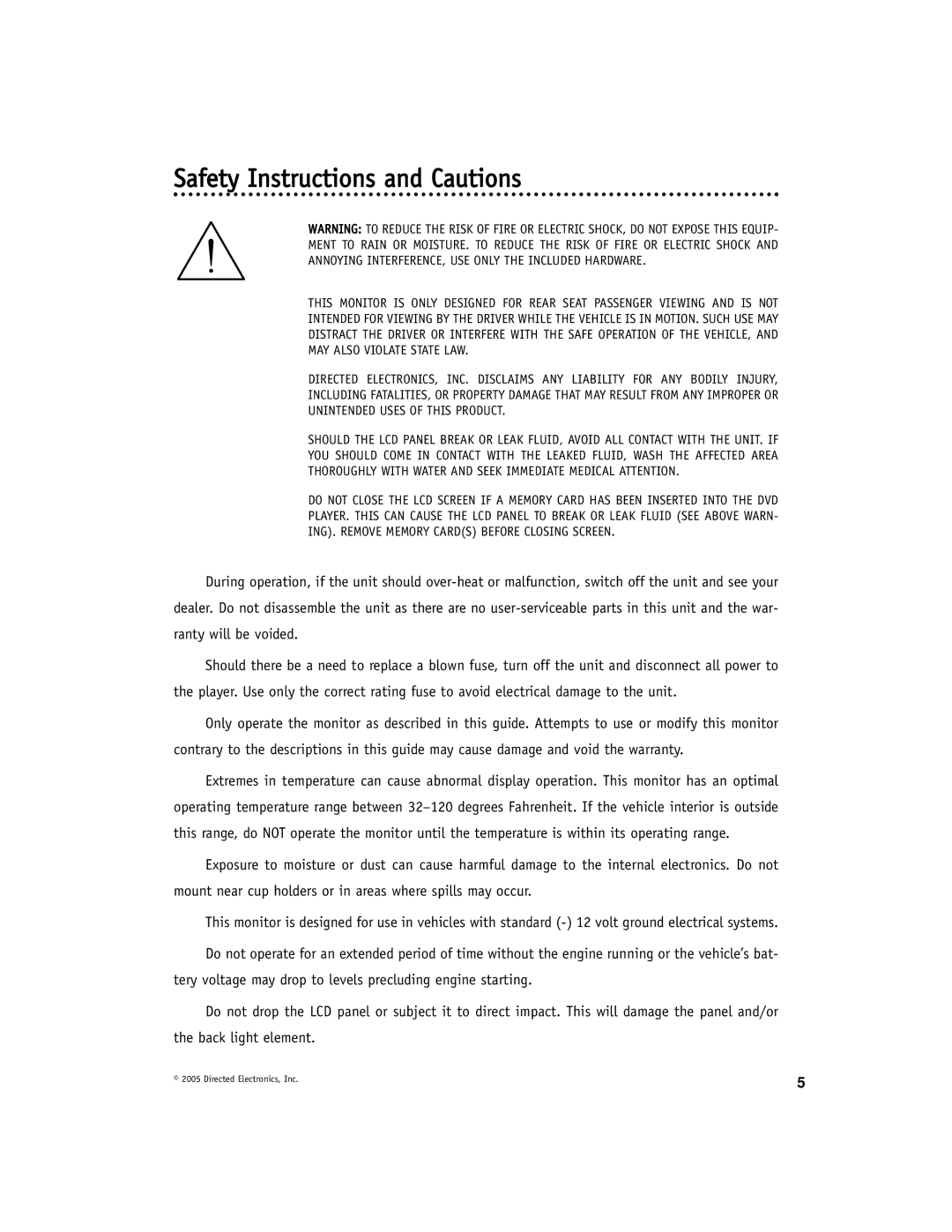 Directed Electronics OHD901A manual Safety Instructions and Cautions 