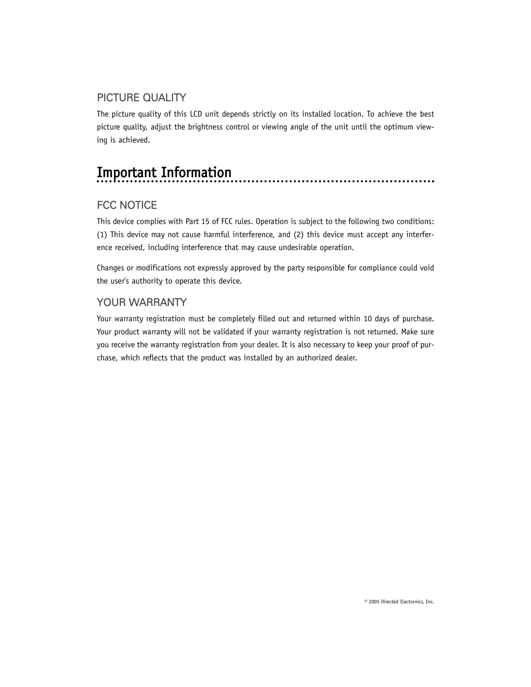 Directed Electronics OHD901A manual Important Information, Picture Quality, FCC Notice, Your Warranty 