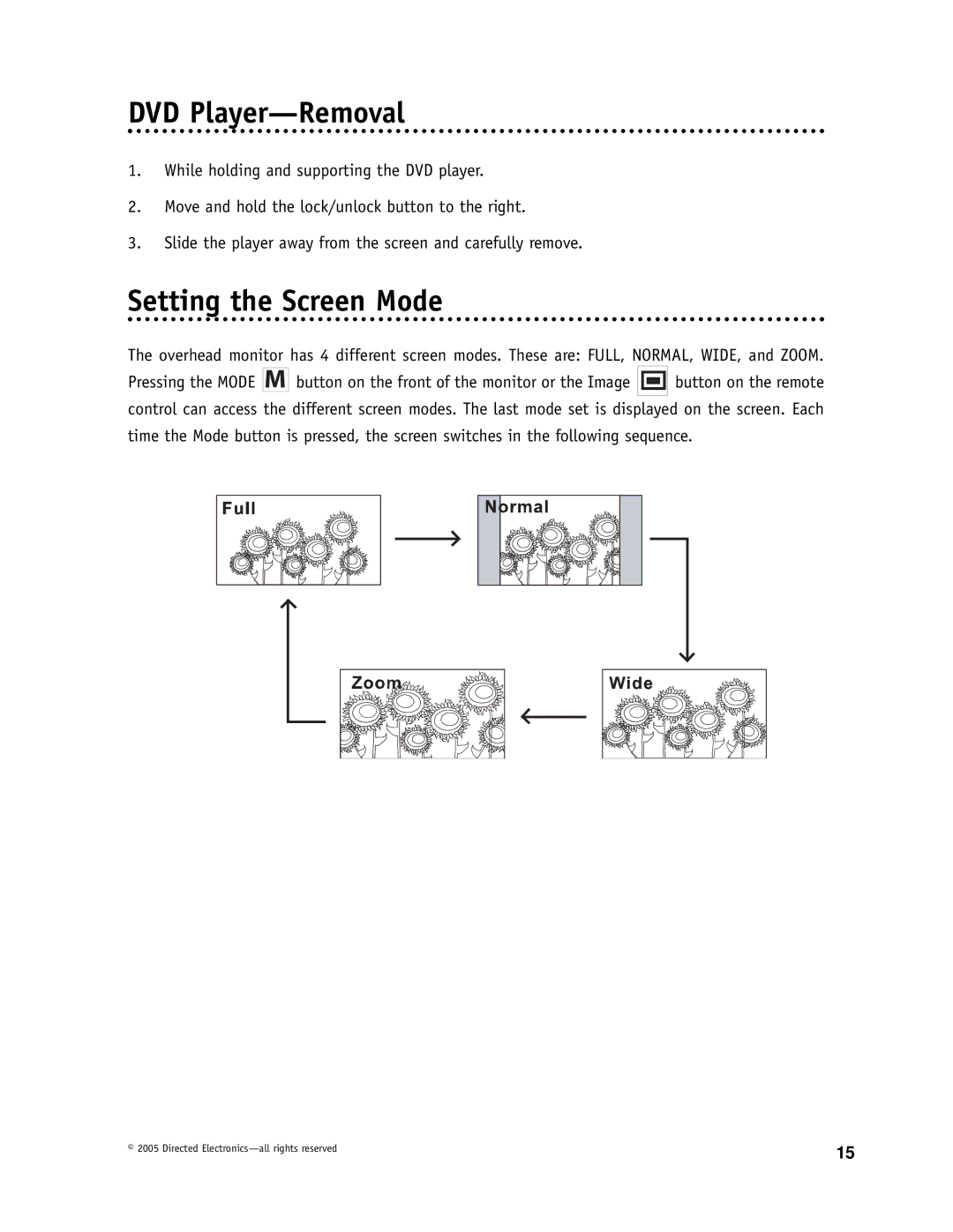 Directed Electronics OHDW17.2 manual DVD Player-Removal, Setting the Screen Mode 