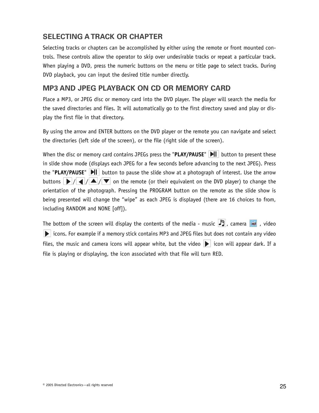 Directed Electronics OHDW17.2 manual Selecting a Track or Chapter, MP3 and Jpeg Playback on CD or Memory Card 