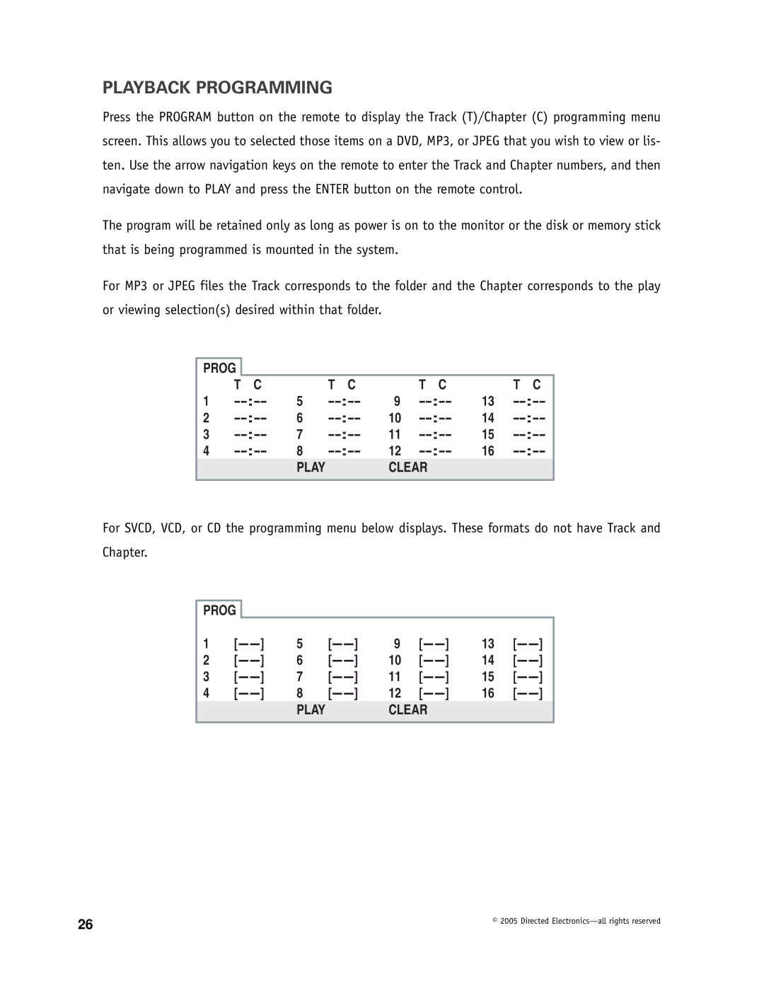 Directed Electronics OHDW17.2 manual Playback Programming, Clear 