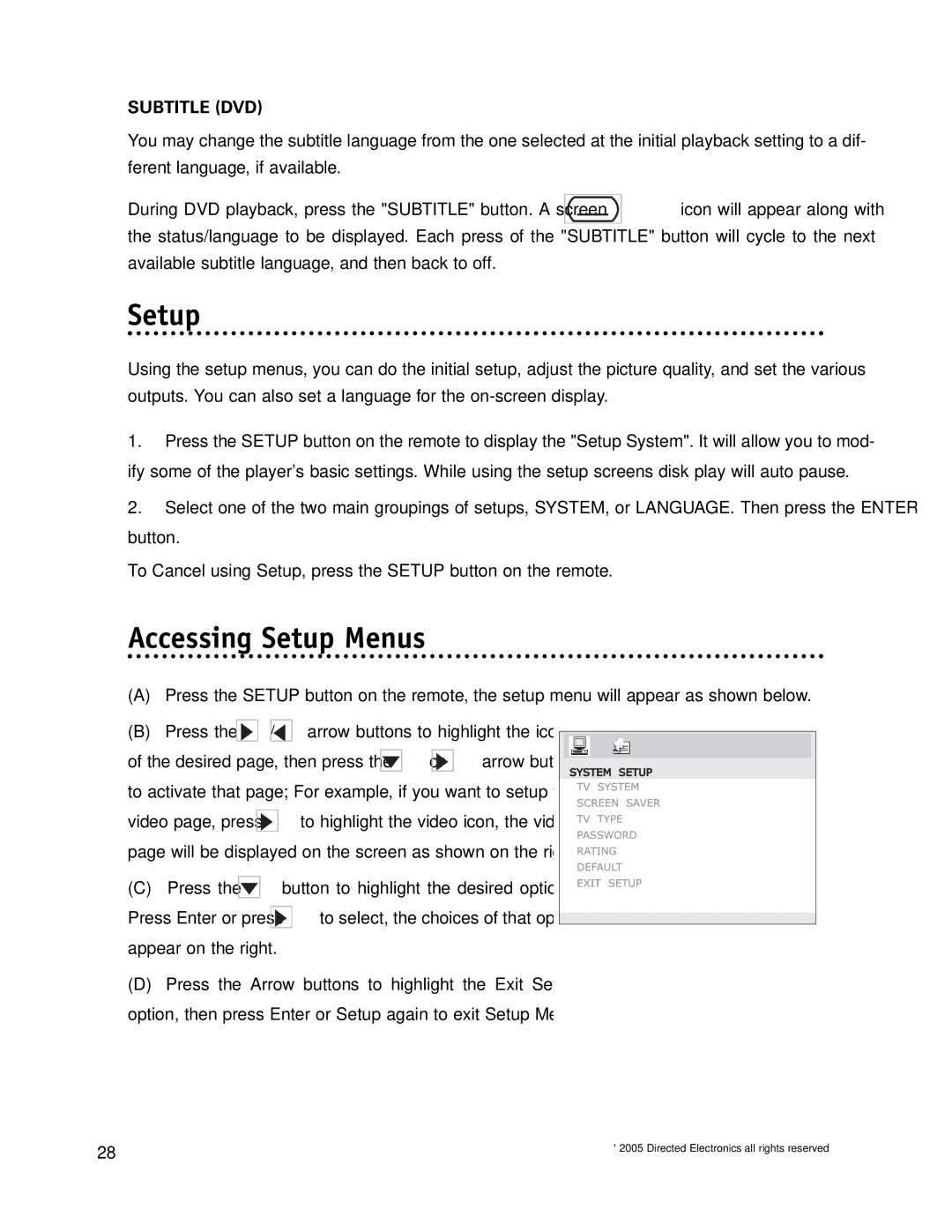 Directed Electronics OHDW17.2 manual Accessing Setup Menus 