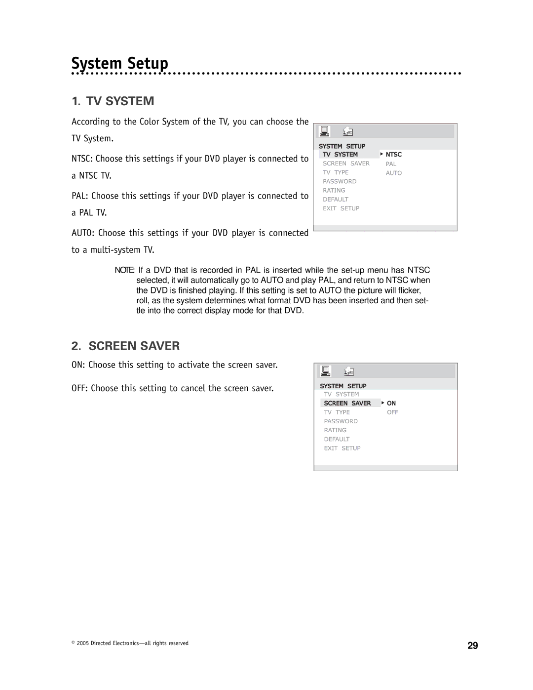 Directed Electronics OHDW17.2 manual System Setup, TV System, Screen Saver 