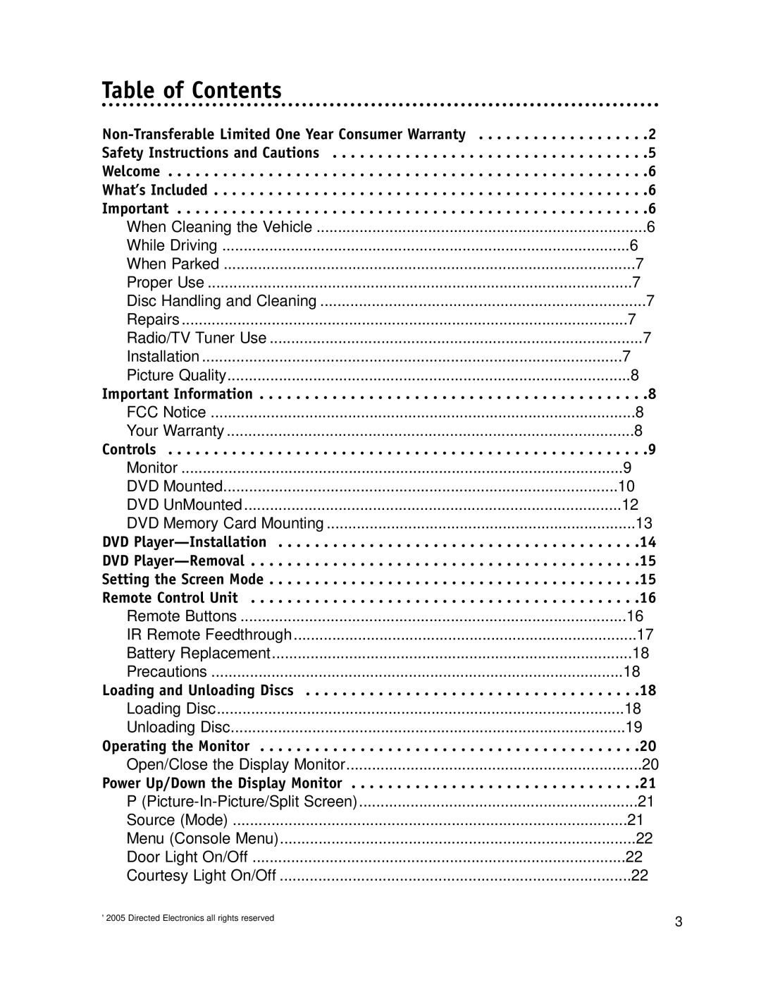 Directed Electronics OHDW17.2 manual Table of Contents 