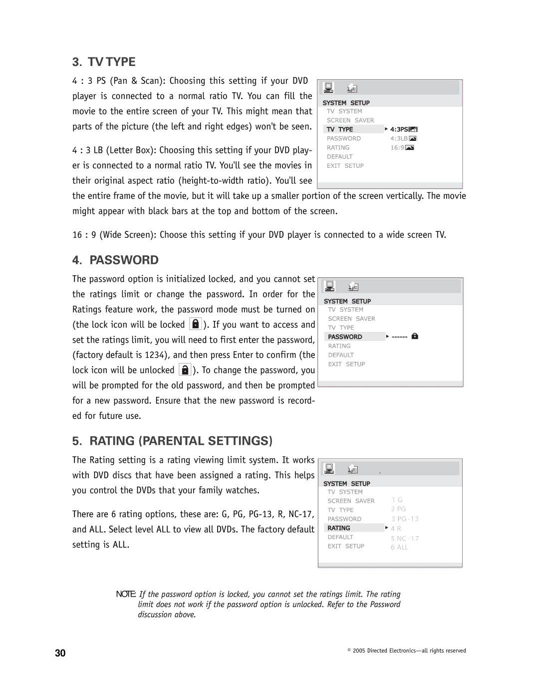 Directed Electronics OHDW17.2 manual TV Type, Password, Rating Parental Settings 