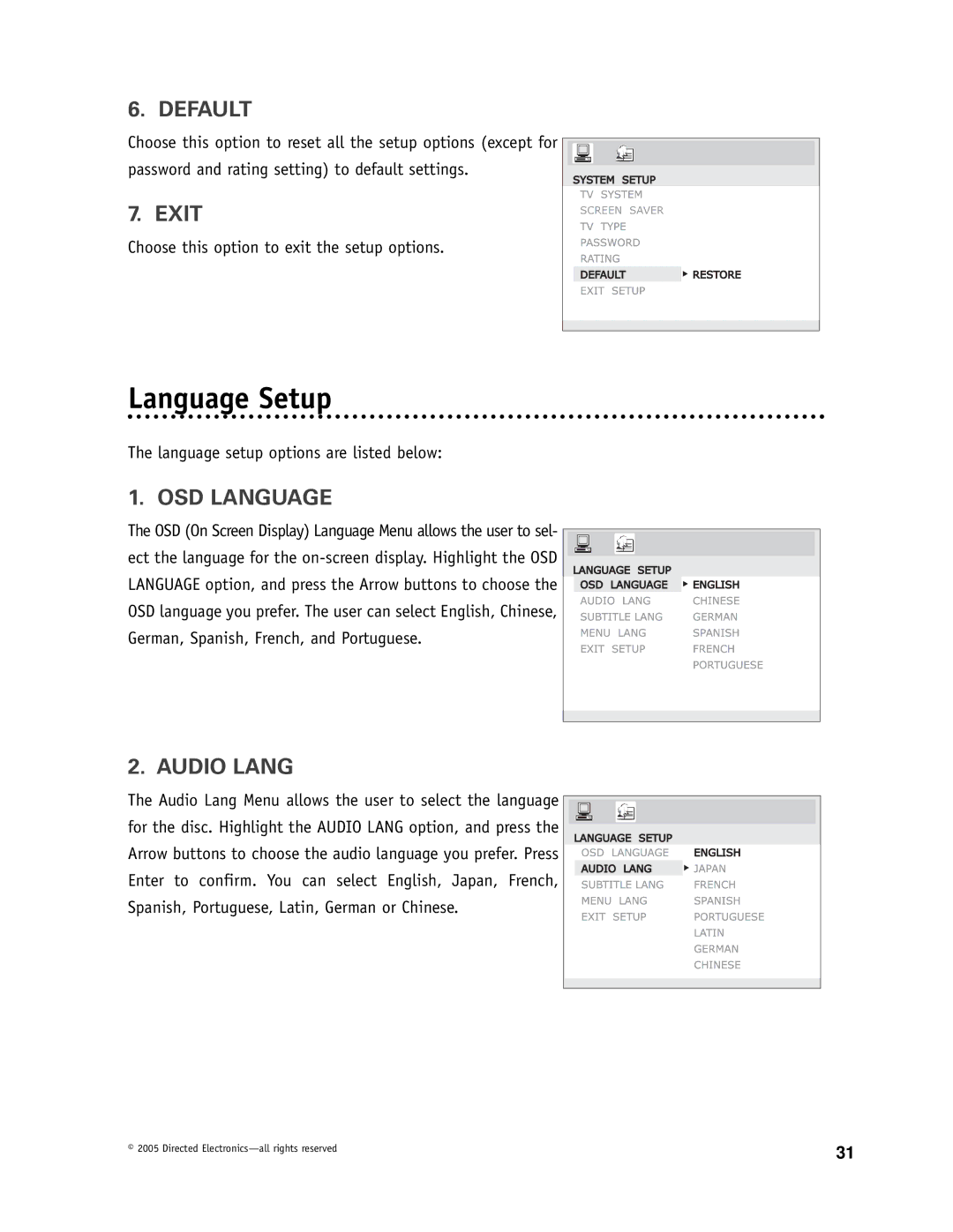 Directed Electronics OHDW17.2 manual Language Setup, Default, Exit, OSD Language, Audio Lang 