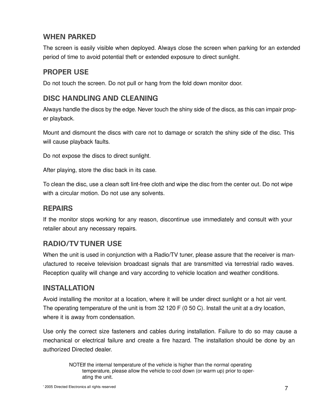 Directed Electronics OHDW17.2 manual When Parked, Proper USE, Disc Handling and Cleaning, Repairs, RADIO/TV Tuner USE 