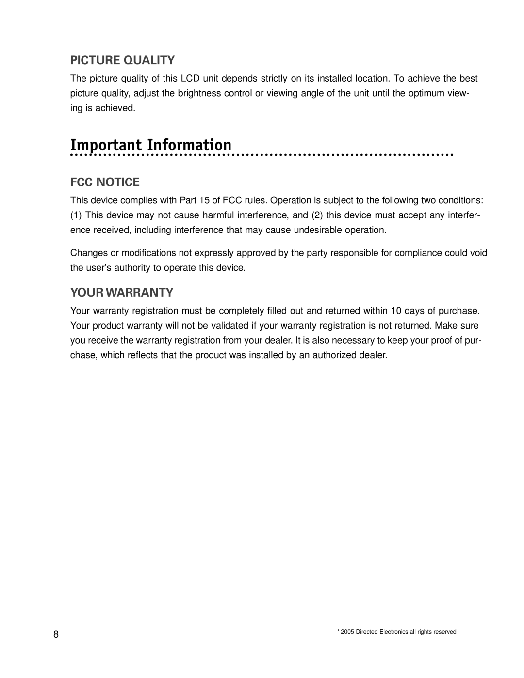 Directed Electronics OHDW17.2 manual Important Information, Picture Quality, FCC Notice, Your Warranty 