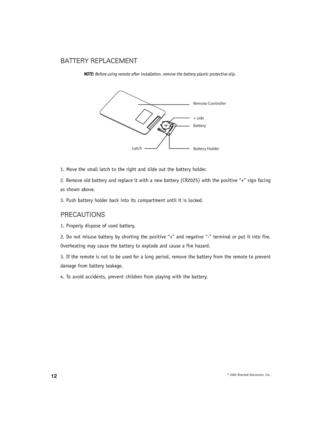 Directed Electronics OHV1021A manual Battery Replacement, Precautions 