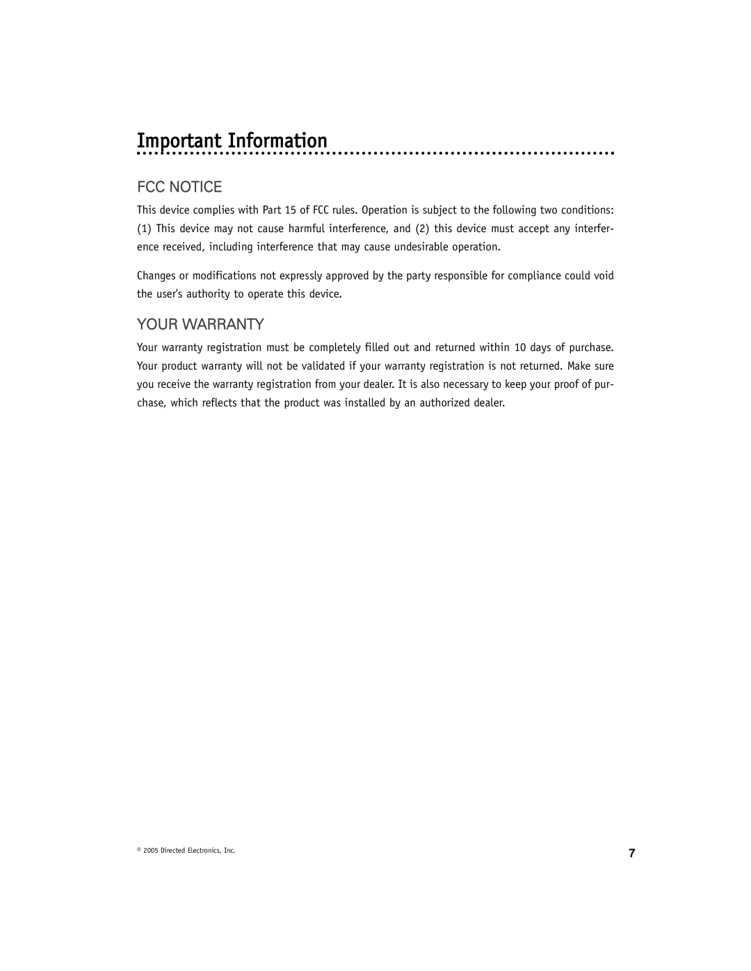 Directed Electronics OHV1021A manual Important Information, FCC Notice, Your Warranty 