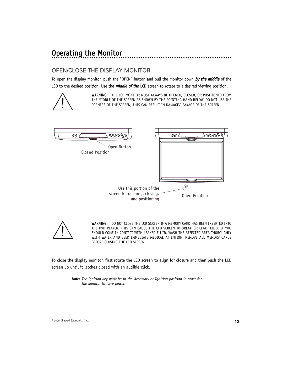 Directed Electronics OHV12202 manual Operating the Monitor, OPEN/CLOSE the Display Monitor 