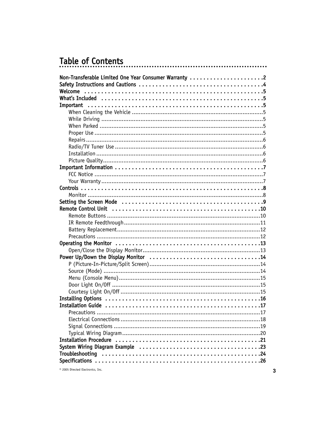 Directed Electronics OHV12202 manual Table of Contents 