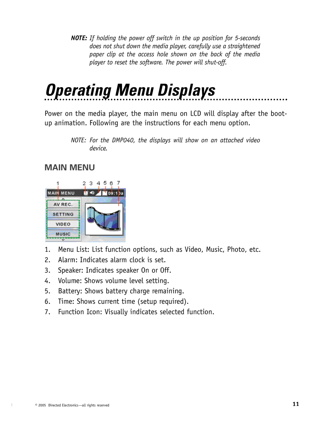 Directed Electronics OHV1021, OHV901, OHV1202 manual Operating Menu Displays, Main Menu 