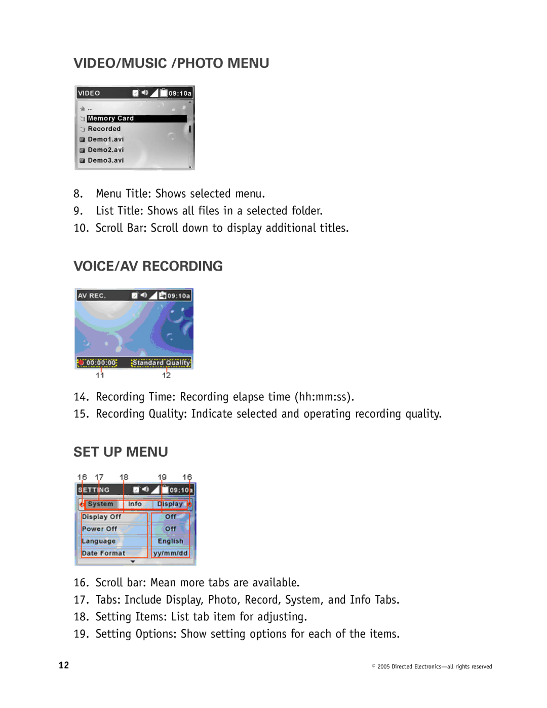 Directed Electronics OHV901, OHV1202, OHV1021 manual VIDEO/MUSIC /PHOTO Menu, VOICE/AV Recording, SET UP Menu 