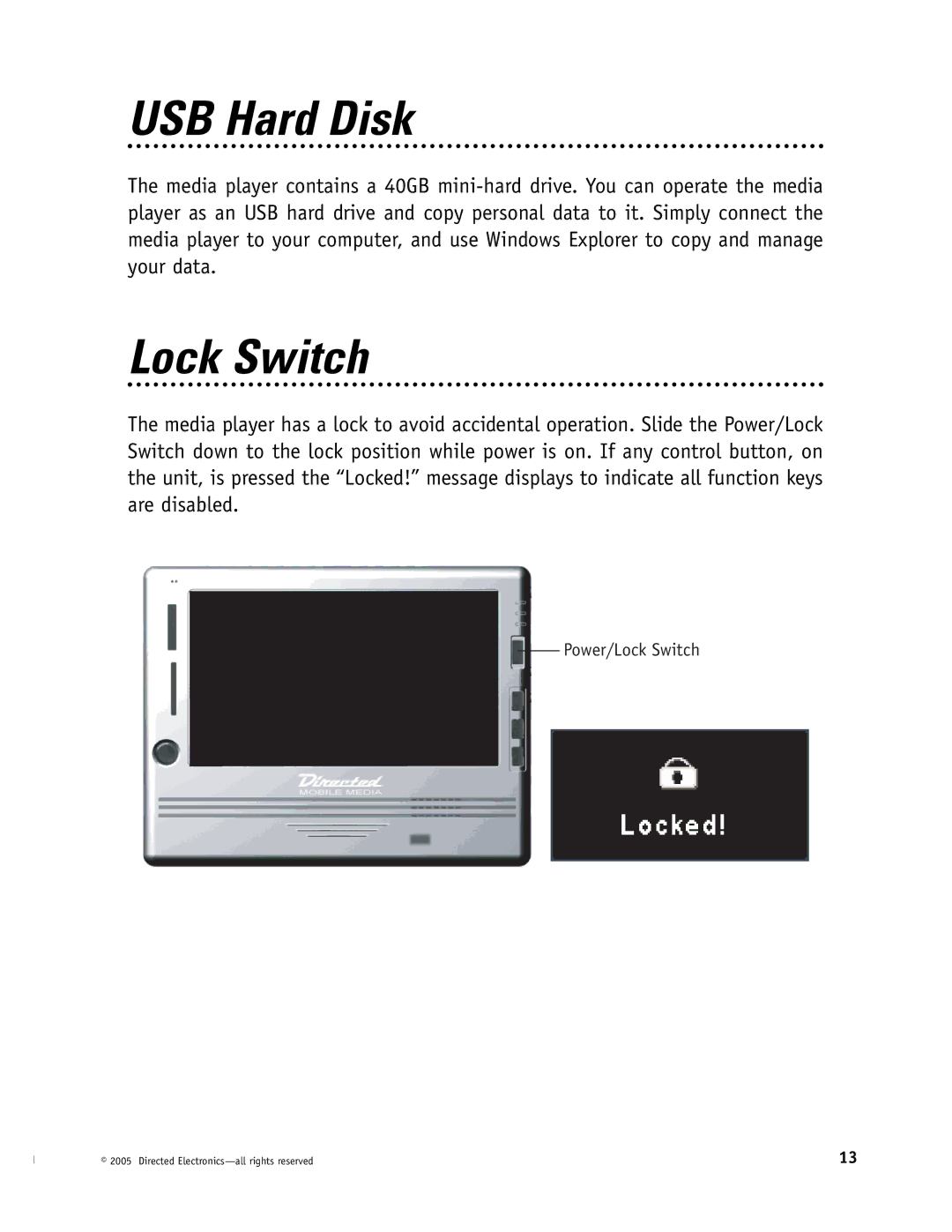 Directed Electronics OHV1202, OHV901, OHV1021 manual USB Hard Disk, Lock Switch 