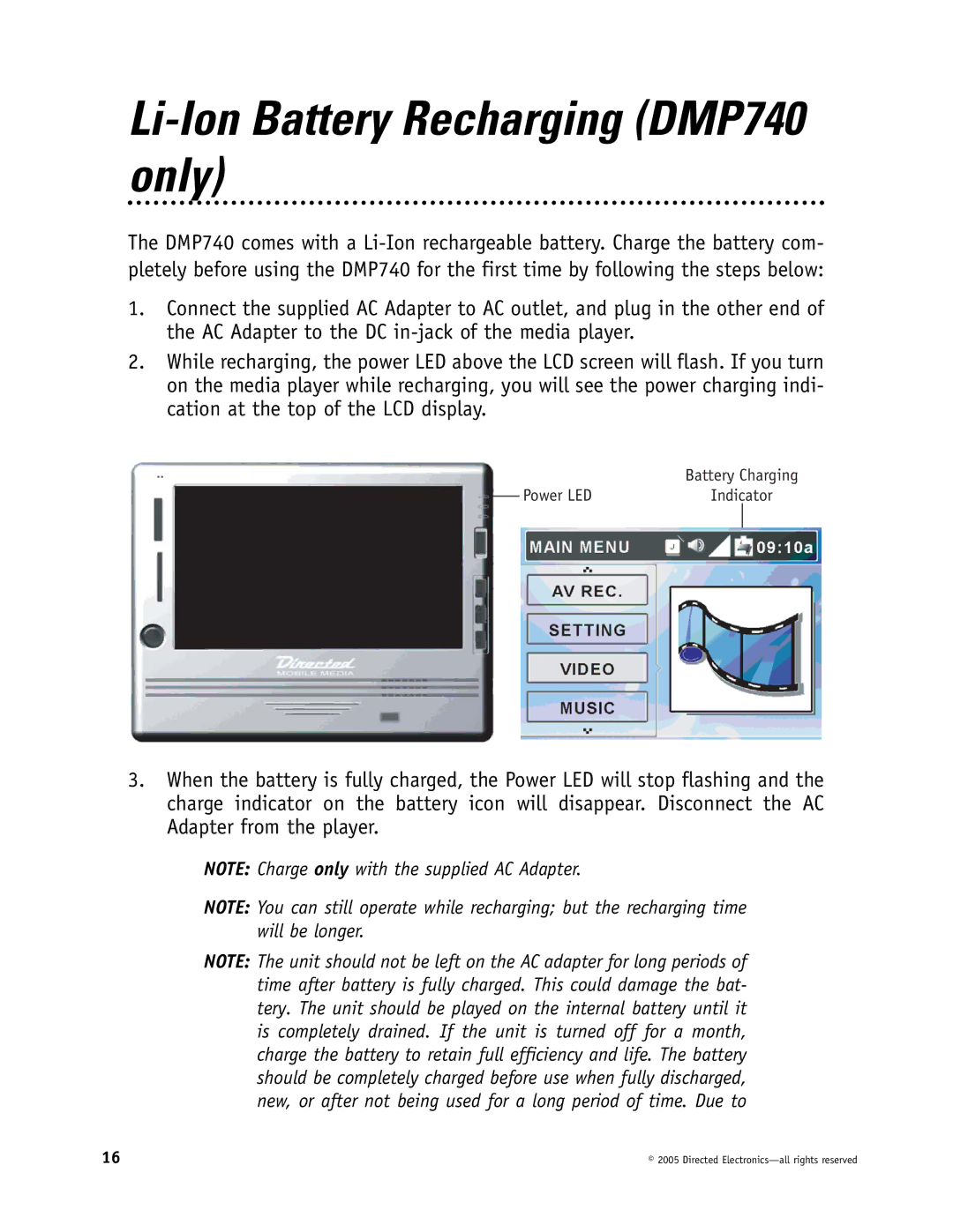 Directed Electronics OHV1202, OHV901, OHV1021 manual Li-Ion Battery Recharging DMP740 only 