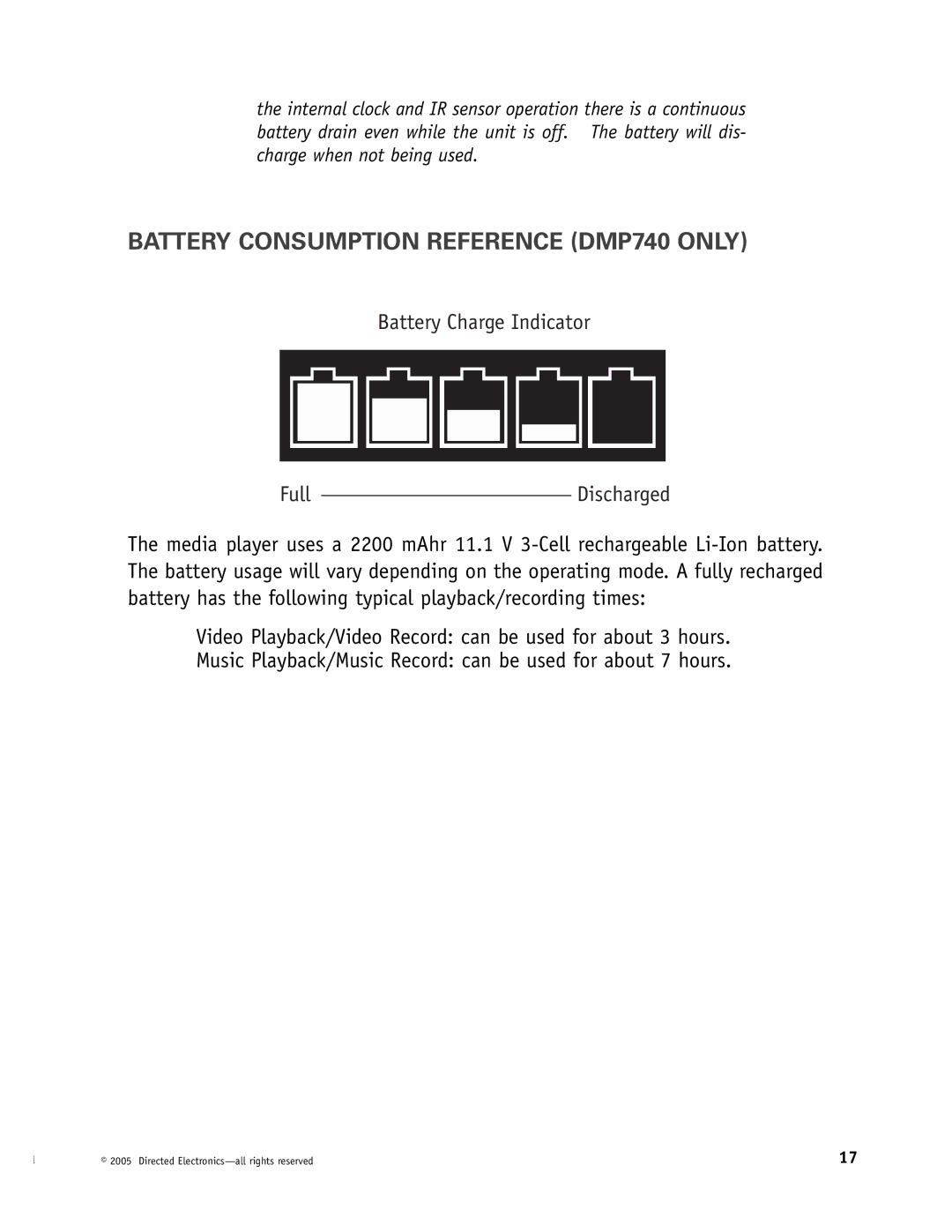 Directed Electronics OHV1021, OHV901, OHV1202 manual Battery Consumption Reference DMP740 only, Battery Charge Indicator Full 