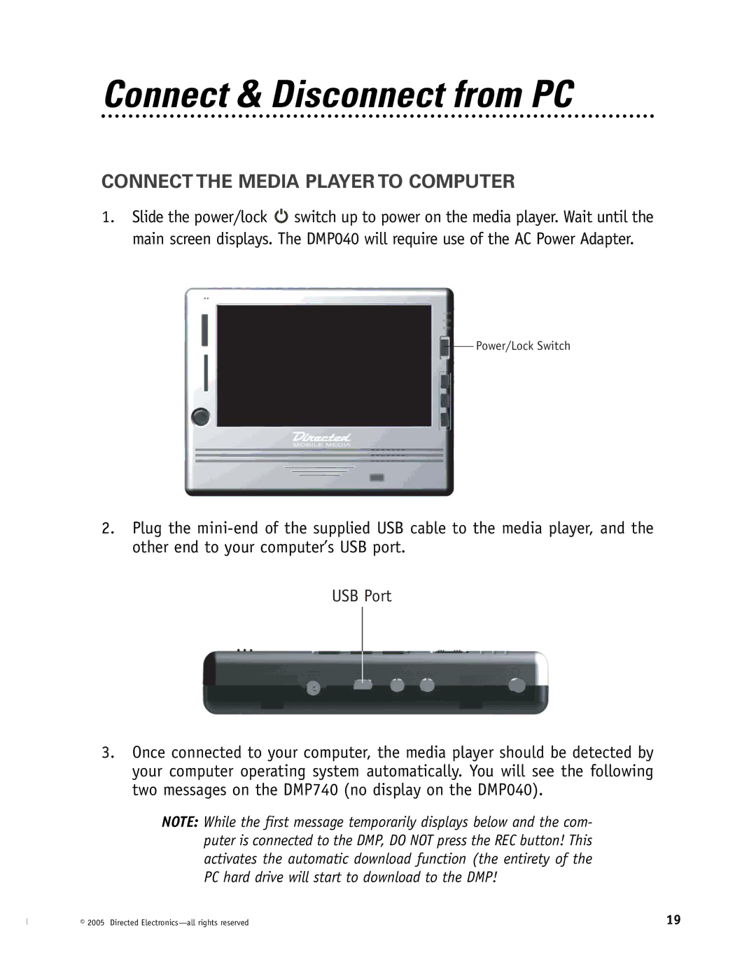 Directed Electronics OHV1202, OHV901, OHV1021 manual Connect & Disconnect from PC, Connect the Media Player to Computer 