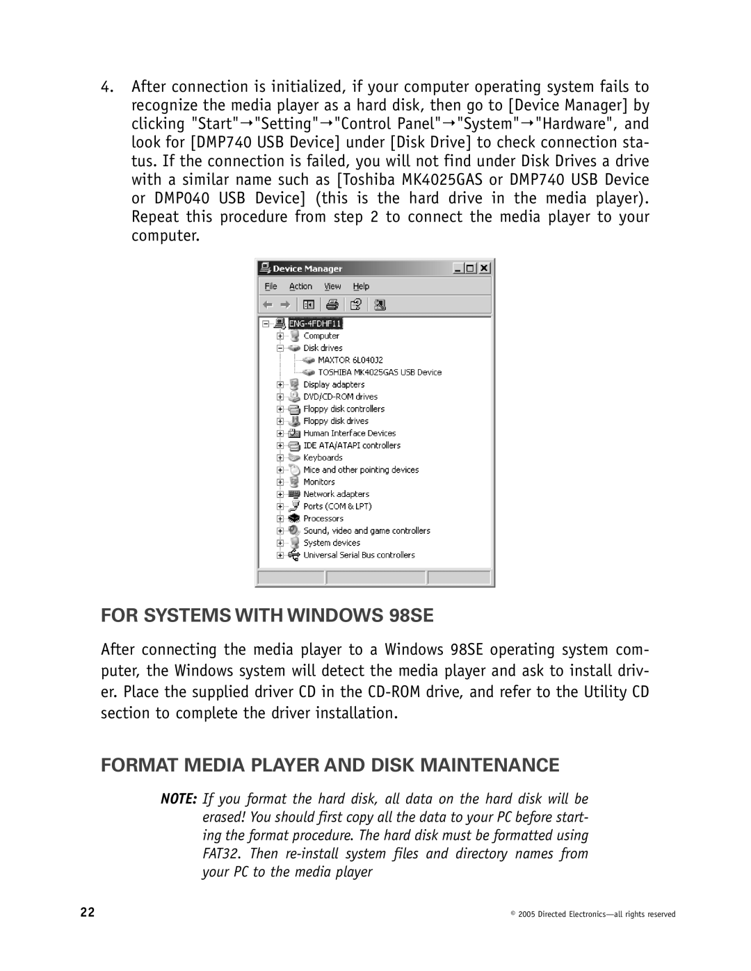 Directed Electronics OHV1202, OHV901, OHV1021 manual For Systems with Windows 98SE, Format Media Player and Disk Maintenance 