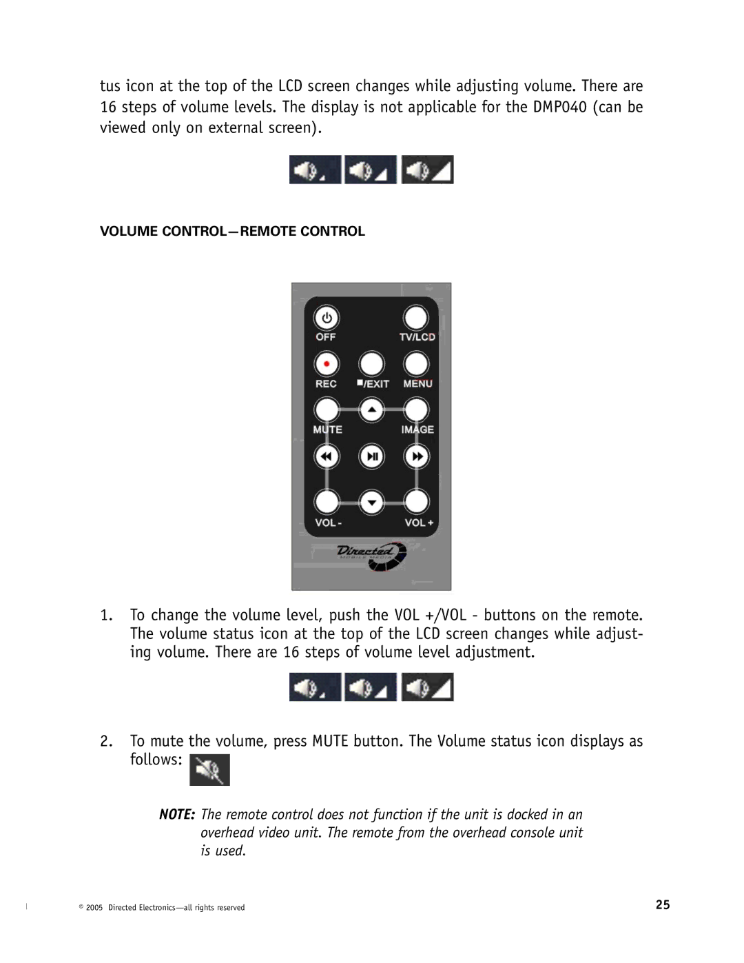 Directed Electronics OHV1202, OHV901, OHV1021 manual Volume CONTROL-REMOTE Control 