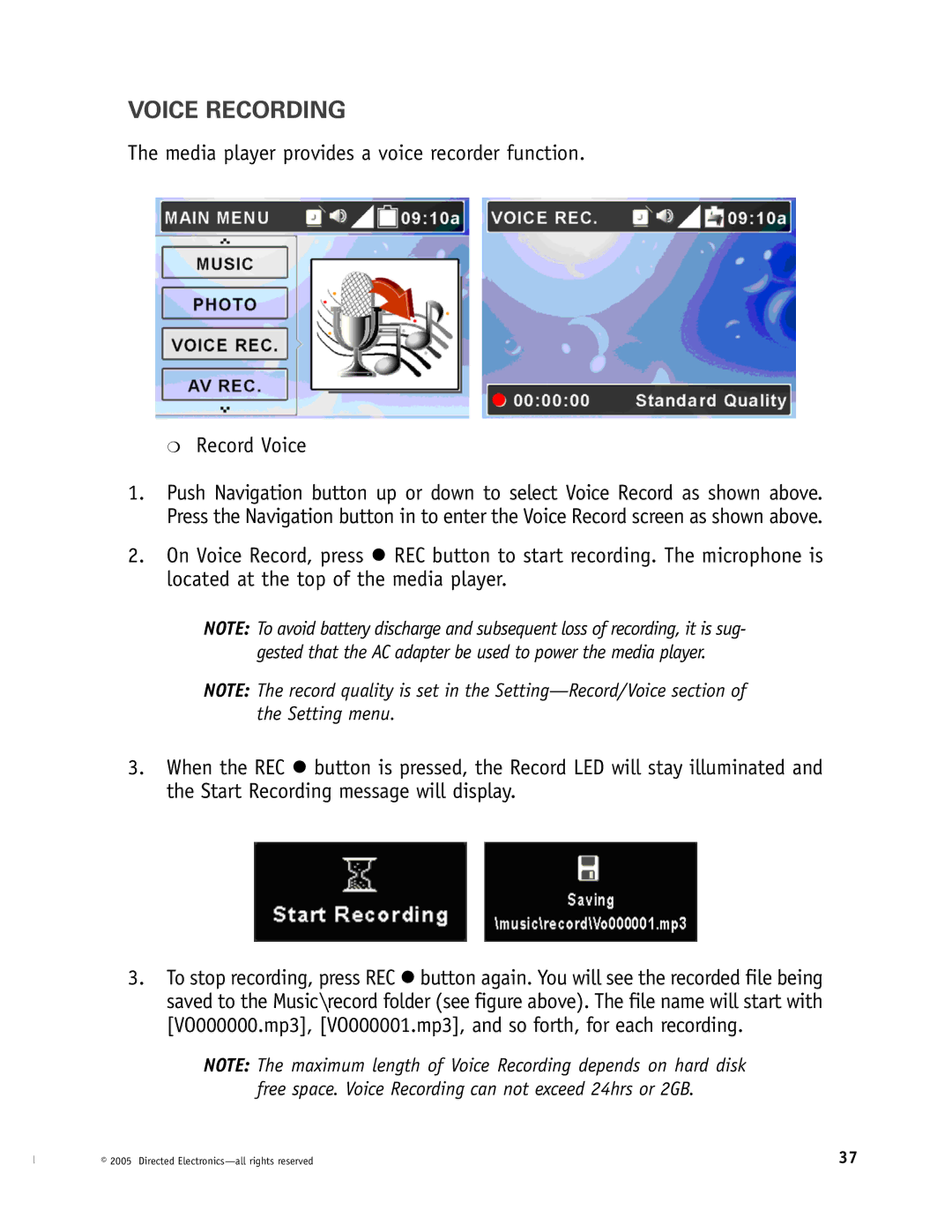 Directed Electronics OHV1202, OHV901, OHV1021 manual Voice Recording 