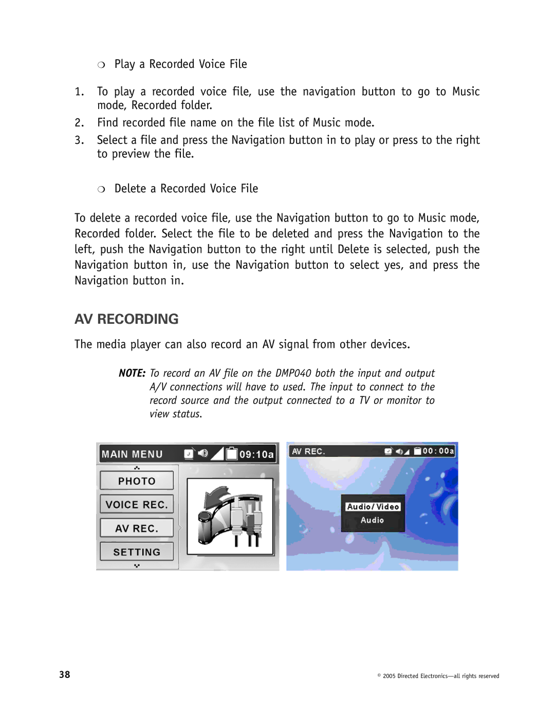 Directed Electronics OHV1021, OHV901, OHV1202 manual AV Recording 