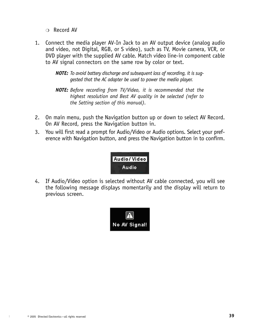 Directed Electronics OHV901, OHV1202, OHV1021 manual Record AV 