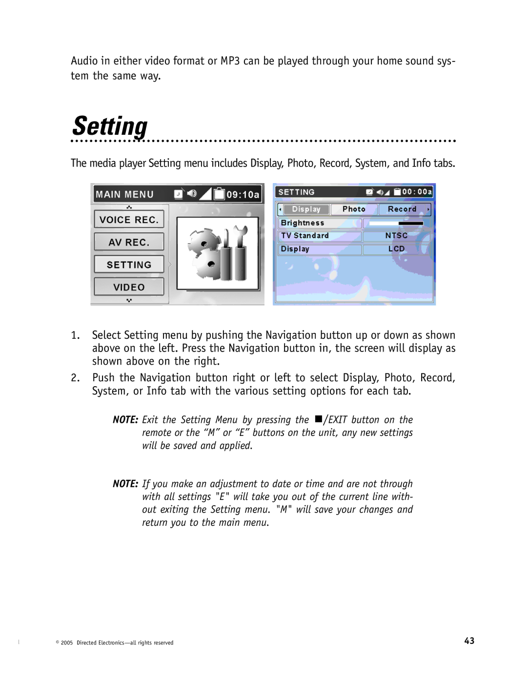 Directed Electronics OHV1202, OHV901, OHV1021 manual Setting 