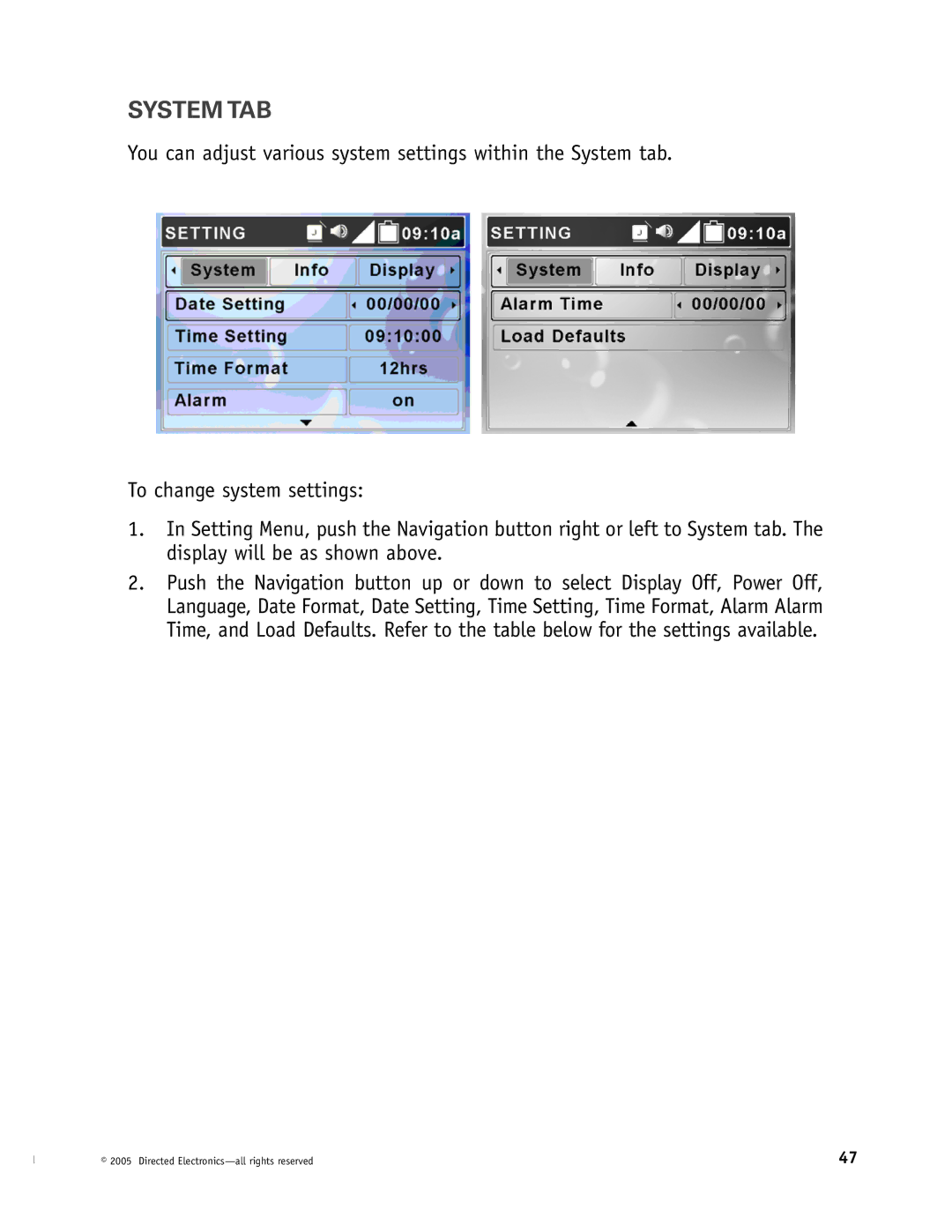 Directed Electronics OHV1021, OHV901, OHV1202 manual System TAB 