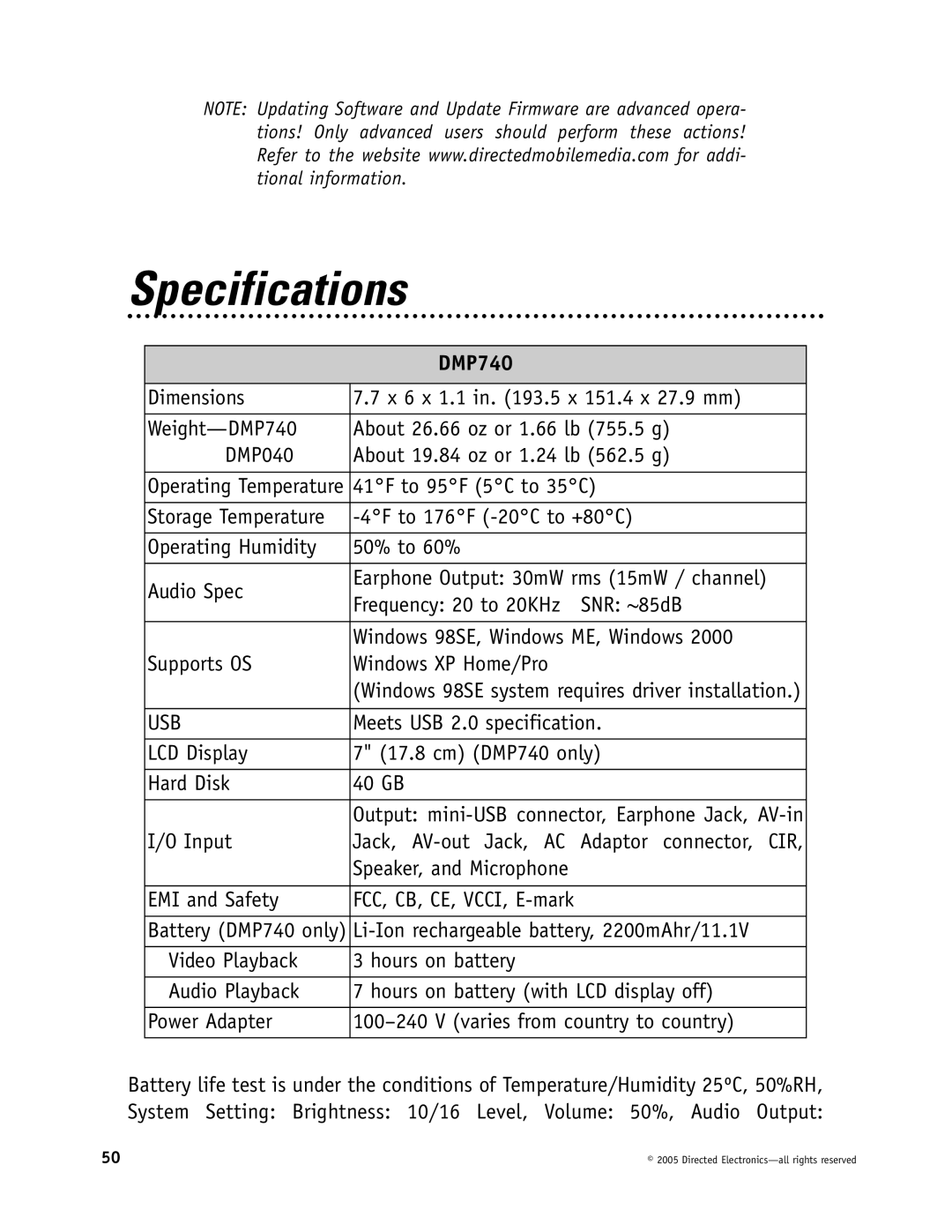 Directed Electronics OHV1021, OHV901, OHV1202 manual Specifications, DMP740 