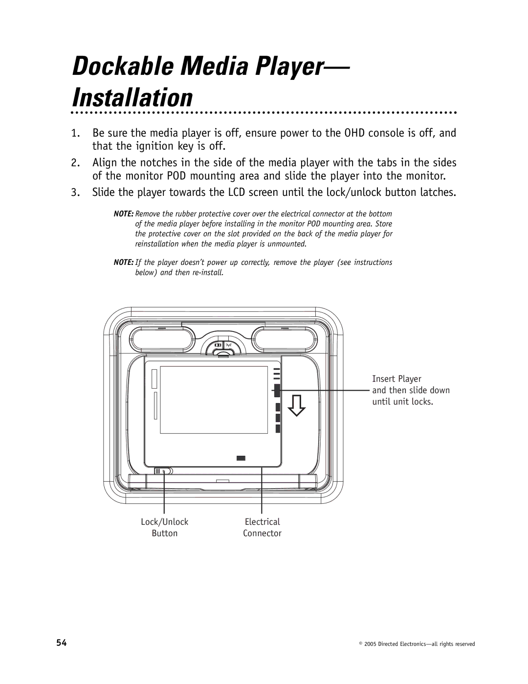 Directed Electronics OHV901, OHV1202, OHV1021 manual Dockable Media Player Installation 