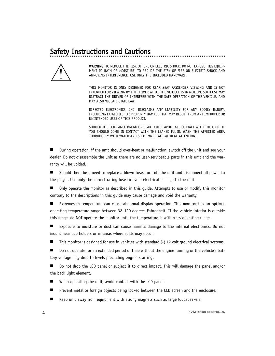 Directed Electronics OHV901A manual Safety Instructions and Cautions 