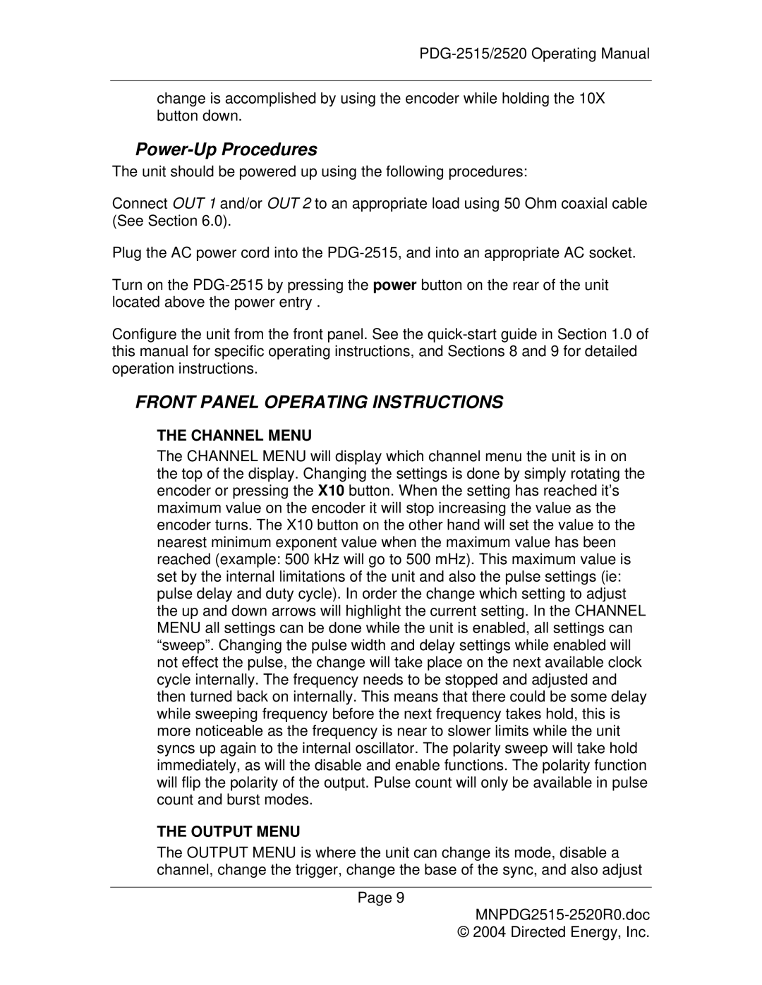 Directed Electronics PDG-2515/2520 manual Power-Up Procedures, Front Panel Operating Instructions 