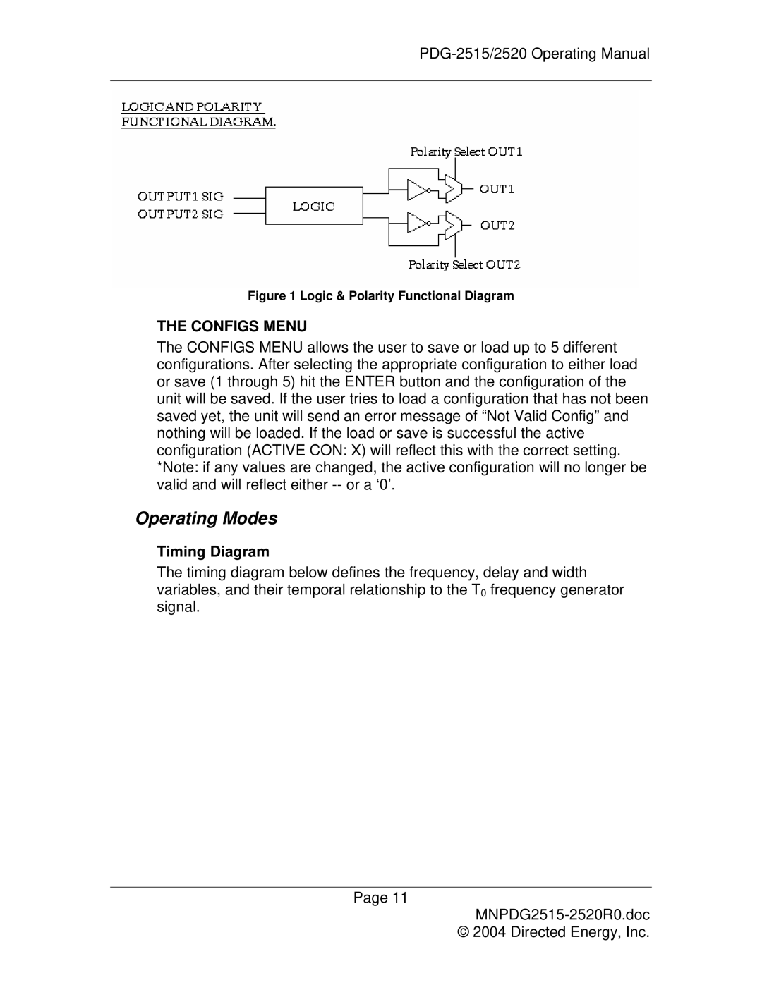 Directed Electronics PDG-2515/2520 manual Operating Modes, Timing Diagram 