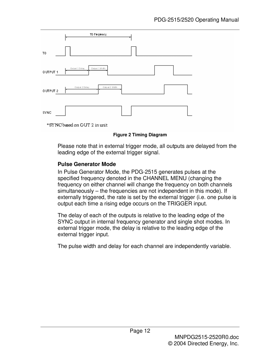 Directed Electronics PDG-2515/2520 manual Pulse Generator Mode, Timing Diagram 