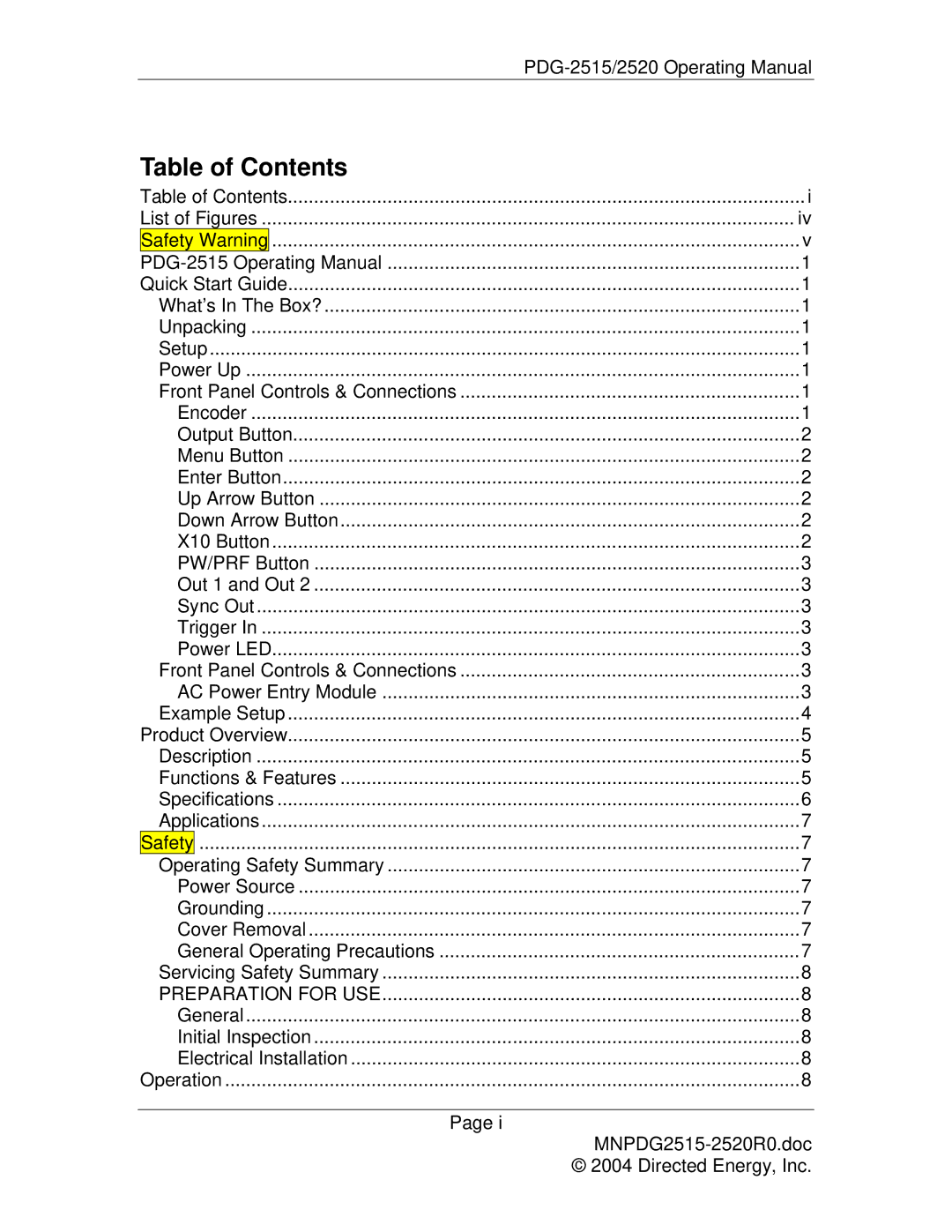 Directed Electronics PDG-2515/2520 manual Table of Contents 