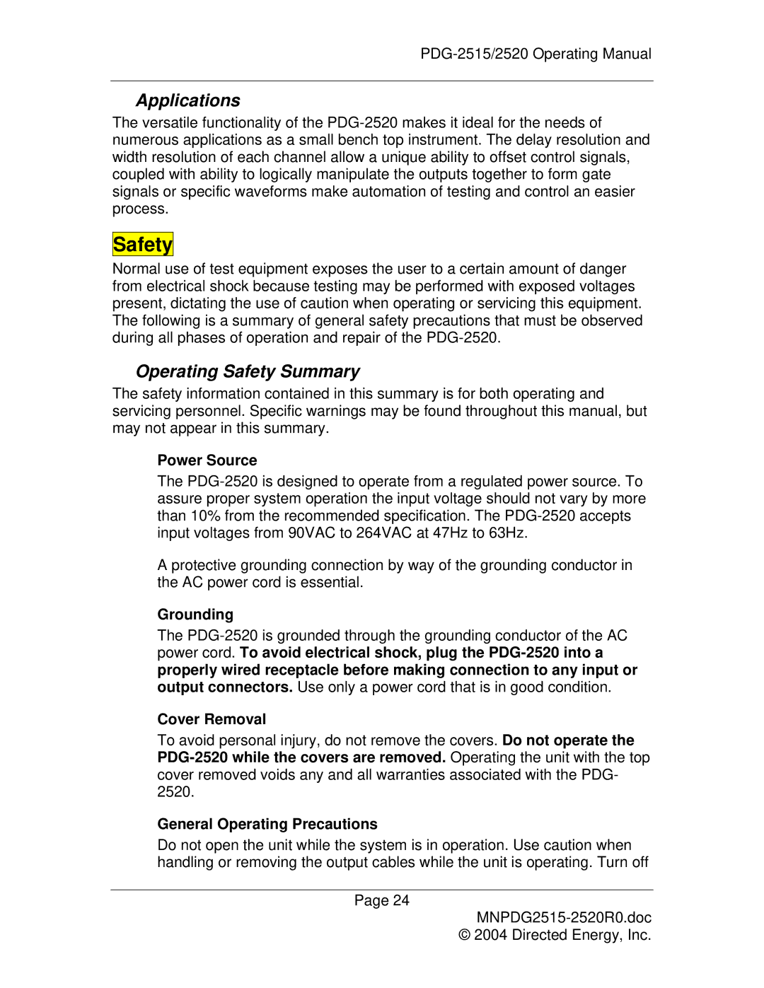 Directed Electronics PDG-2515/2520 manual Safety 