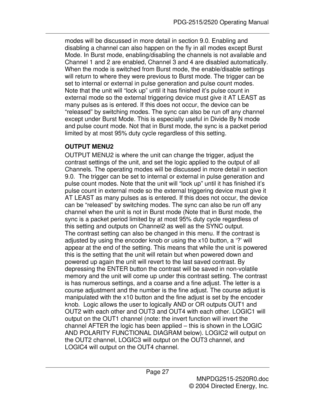 Directed Electronics PDG-2515/2520 manual Output MENU2 
